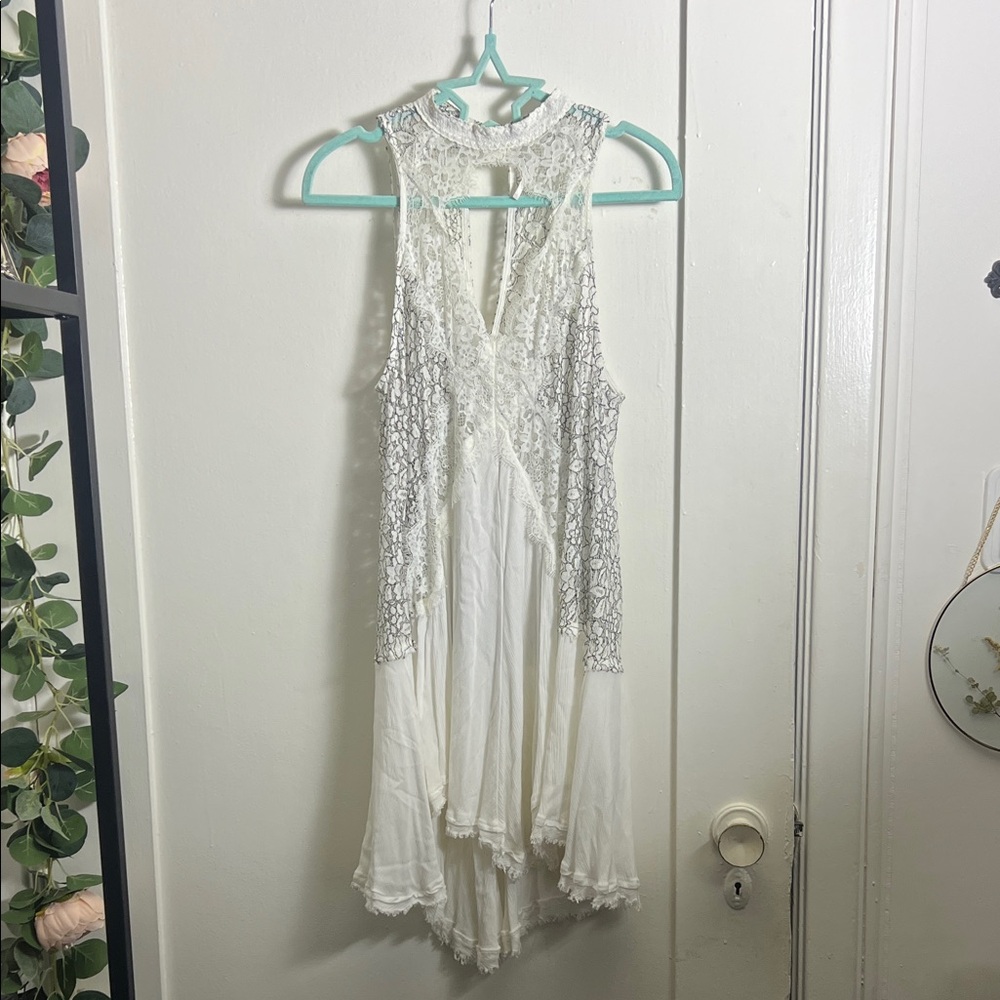 Free People “Tell Tale Heart” High Neck White Lace Ivory Sleeveless Tunic Dress